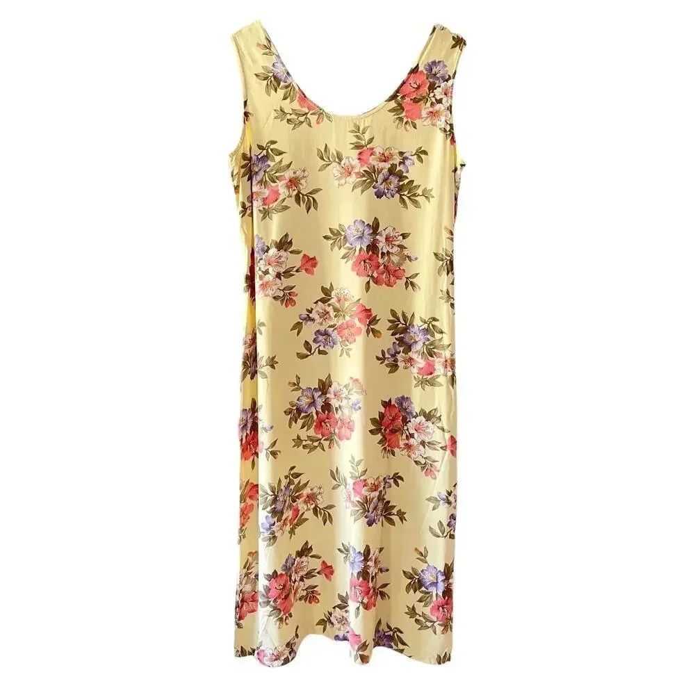 90’s Y2K Pastel Yellow Floral Hibiscus Summer Midi Sheath Tank Sun Dress Size L